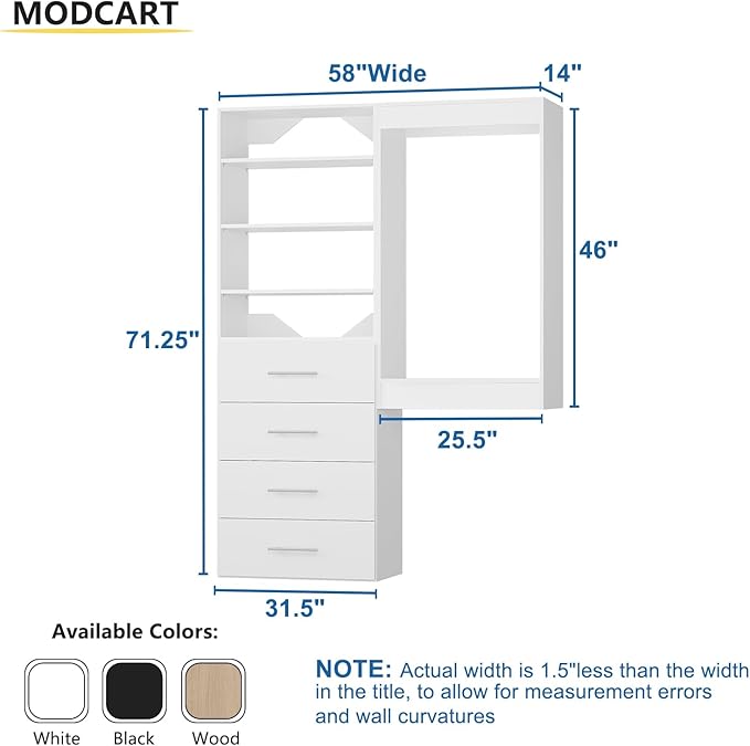 Modular Closet System, 58" Wide Organizer With Tower and Drawers, Wood Storage for Walk In Closets, Wall Mounted Wardrobe Kit, Bedroom, White