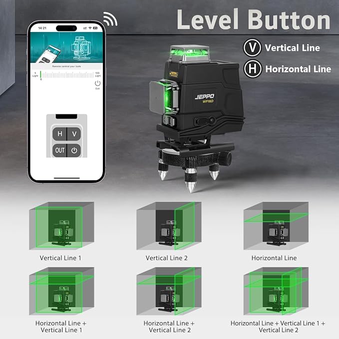 JEPPO Laser Level 360 Self Leveling,4D 4x360° Green 16 Cross Line Lazer Leveler Tool for construction and Tiling Floor,APP Remote Control,with 5000mAh Rechargeable Battery,Magnetic Rotating Stand