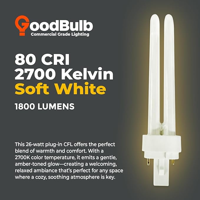 GoodBulb 26 Watt CFL Light Bulbs 2 Pin G24D-3 Base 2700K Soft White 26W High Output 1800 Lumens Double Tube Compact Fluorescent Light Bulbs Plug-in 10 Pack