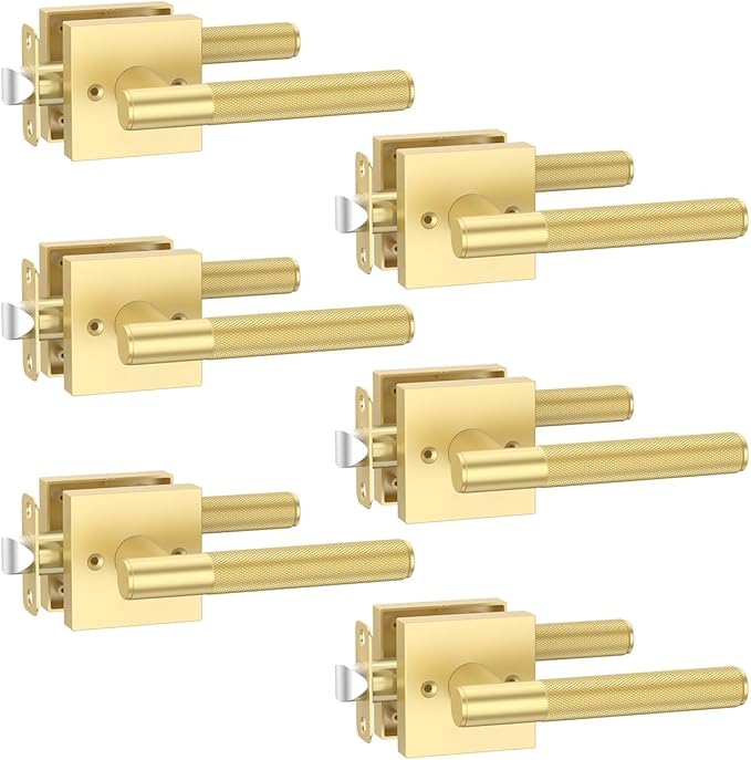 Asidrama 6 Pack Passage Gold Door Handles, Door Lever with Door Knobs Indoor for Bedroom or Bathroom, Heavy Duty Brushed Gold Door Handles Interior with Locks for Left Right Sided Doors