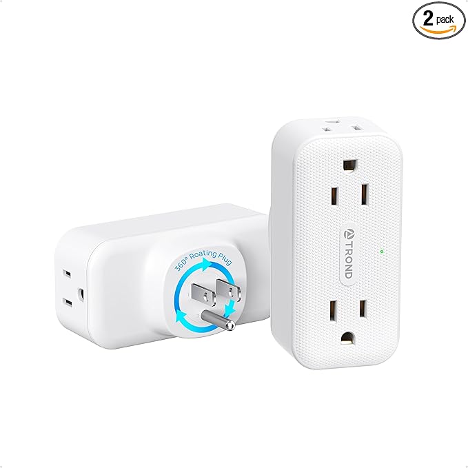 TROND 360 Rotating Outlet Extender 2 Pack, 4 AC Plug Adapter, 900 Joules Surge Protection, 3 Way Charging Station, Multi Plug Wall Outlet for Home Office Travel Dorm Essentials, White