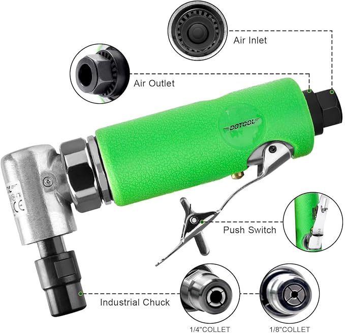 Air Right Angle die Grinder，1/4'' Angle Die Grinder，22000 RPM ， Pneumatic 90 Degree Die Grinder with 1/4" and 1/8" Collets for Grinding, Polishing, Cutting and More
