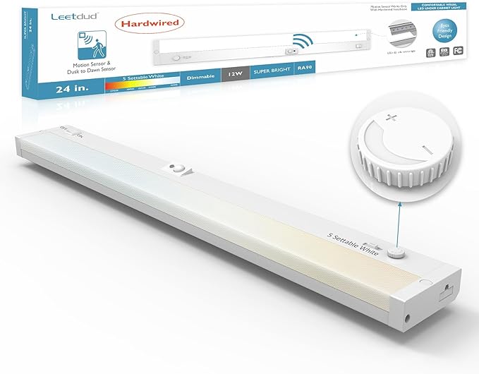 LED Under Cabinet Lighting Motion Sensored Hardwired with Built-in Dimmer, 24 Inch 12W Dimmable 5 Color 2700/3000/3500/4000/5000K, Linkable Eyes Care for Kitchen, Counter, ETL Listed, White