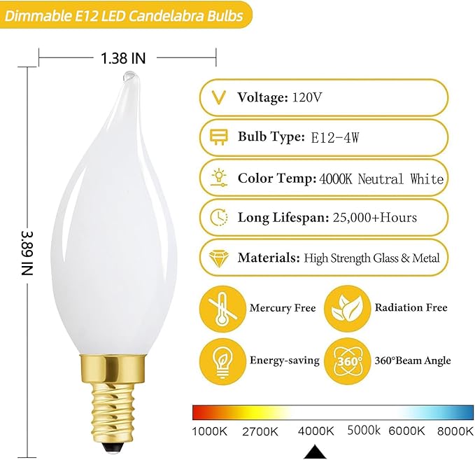 E12 Dimmable Candelabra LED Bulbs 40 Watt Candle Bulb 4000K Daylight Chandelier Light Bulb 4W Type B Light Bulb for Chandelier,Frosted Glass,400LM,6 Pack