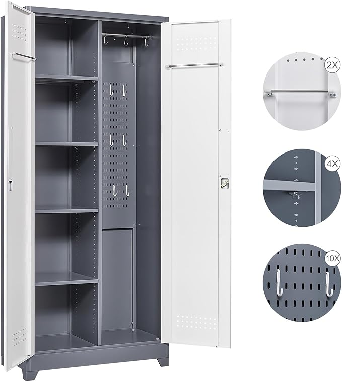 FLEXIMOUNTS 73'' Tall Metal Storage Cabinet with Locking Door, Large Cleaning Tool Organizer for Brooms, Garage, Laundry Room, Bathroom, Grey-White