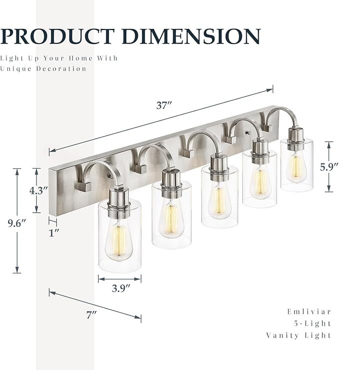 Emliviar 5-Light Bathroom Vanity Light Fixture, 37" Bath Wall Light Fixtures in Brushed Nickel Finish with Clear Glass, YCE237B-5W BN