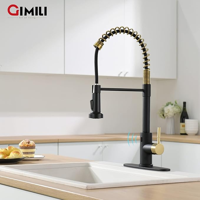 GIMILI Black and Gold Touchless Kitchen Faucet with AC Adapter, Smart Motion Sensor Hands Free Single Handle Kitchen Sink Faucet with Pull Down Sprayer