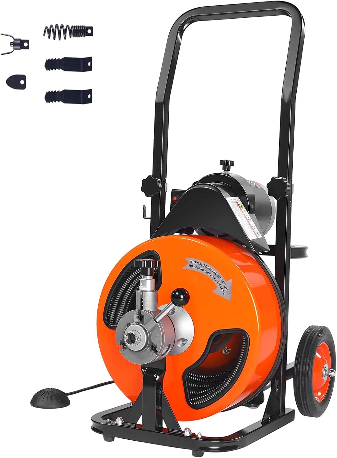 VEVOR Drain Cleaning Machine 50 FT x 3/8 Inch, Sewer Snake Machine Auto Feed, Drain Auger Cleaner with 4 Cutter & Air-Activated Foot Switch for 1" to 4" Pipes, Orange, Black