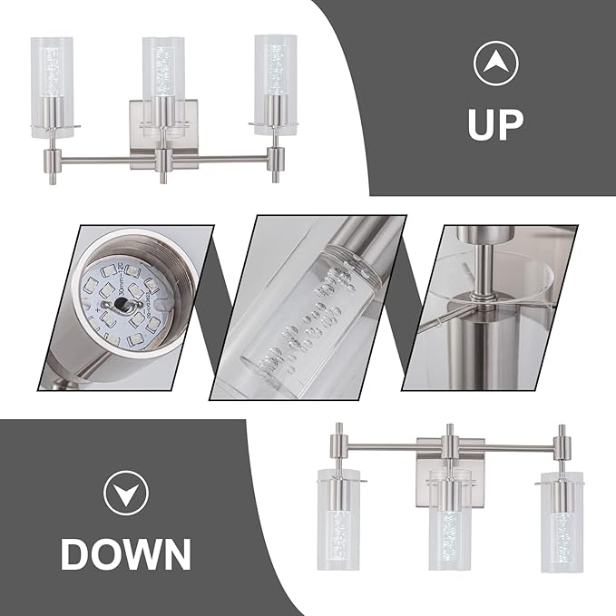 LED Vanity Lights - 24" Modern Bathroom Light Fixtures, 3-Light Brushed Nickel Vanity Light with Crystal Bubble & Clear Glass Shade, 24W Bathroom Lighting Fixtures Over Mirror