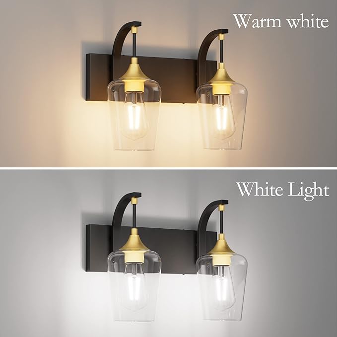 Ralbay Black/Gold Vanity Light 2 Lights Industrial Bathroom Light Fixtures Over Mirror with Clear Glass Black Bathroom Wall Mount Lighting Sconce