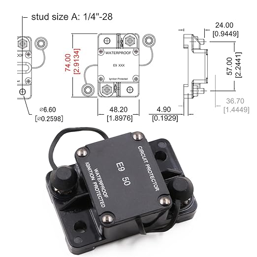T1 50A Amp Automotive Circuit Breaker Auto Reset No Switch Button for Boat, Car Audio, Solar System, Battery Protection 12V-32V DC IP67