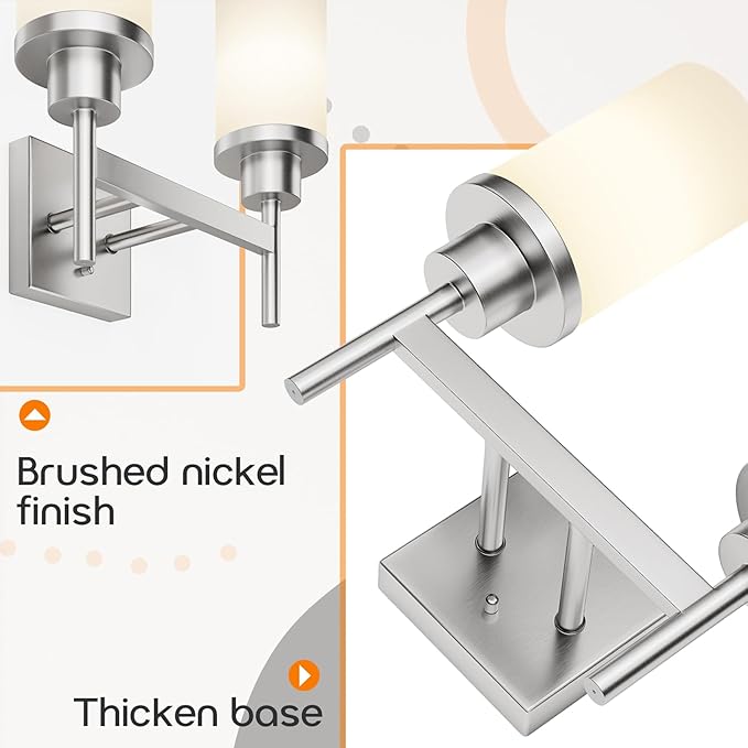 Bathroom Light Fixtures Brushed Nickel Vanity Lights with White Frosted Glass Shade, Double Wall Lamps for Mirror Kitchen Living Room Porch T001BR-L2