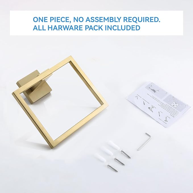 LANC Hand Towel Rings for Bathroom Wall Mount Brushed Gold Square Hand Towel Holder for Bath Kitchen Lavatory SUS304 Stainless Steel Contemporary Style Shower Towel Towel Racks Hanger, A8896BG