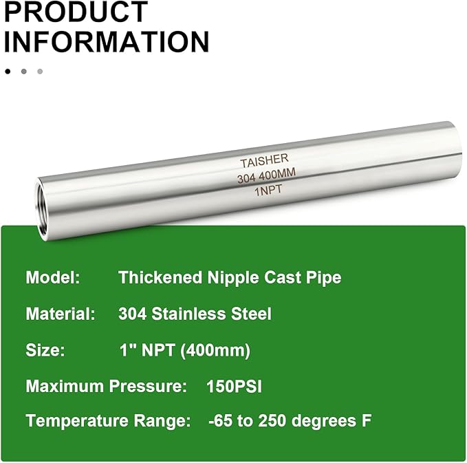 TAISHER 1PCS Stainless Steel Pipe Fittings, 1" NPT Female x 1" NPT Female Threaded, 16" Length Thickened Nipple Cast Pipe