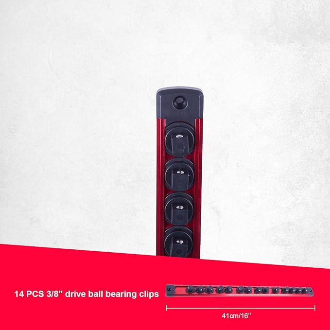 Magnetic Socket Holder Organizer Set:3/8-Inch Drive Socket Trays Socket, 360° Swivel 14 Clips Socket Holder Kit, For Automotive Mechanic Garage (Red)