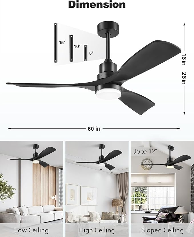 60 Inch Ceiling Fans with Lights Remote, Black Ceiling Fan with 3 Downrods, 3 Wood Blades, ETL Listed, Timer, 6 Speed Quiet Reversible DC Motor Outdoor Fans for Patios Bedroom Farmhouse