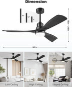 60 Inch Ceiling Fans with Lights Remote, Black Ceiling Fan with 3 Downrods, 3 Wood Blades, ETL Listed, Timer, 6 Speed Quiet Reversible DC Motor Outdoor Fans for Patios Bedroom Farmhouse
