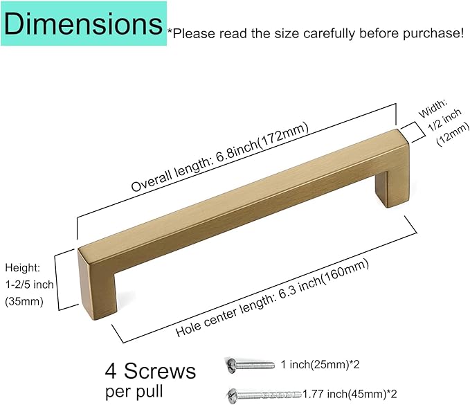 20 Pack Cabinet Pulls Champagne Bronze 6.3 Inch Hole Center (160mm) Champagne Drawer Pulls Square Cupboard Handles Cabinet Door Handles Modern Stainless Steel Champagne Kitchen Hardware