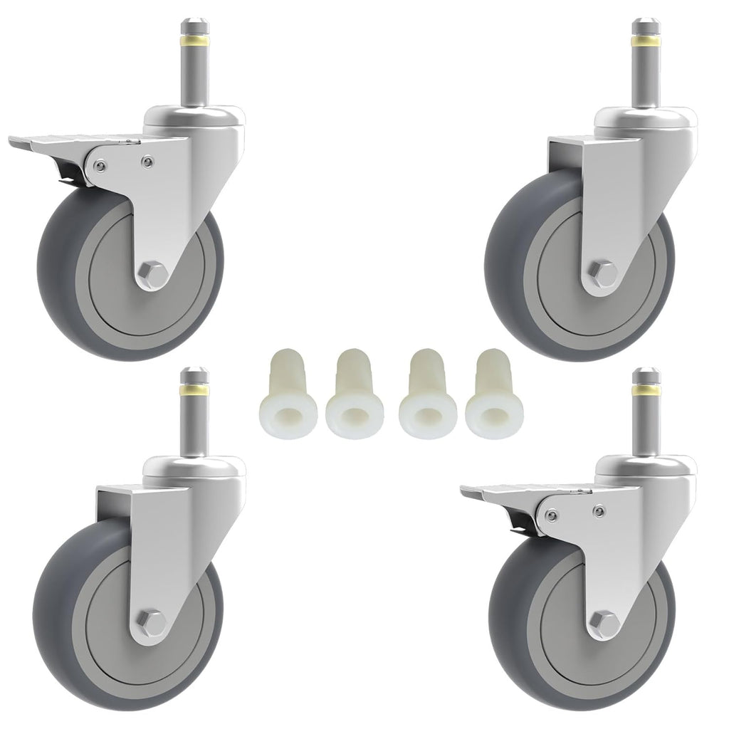 3-Inch Swivel Stem Caster, 7/16-Inch Stem Diameter Rubber Wheel, Heavy Duty TPR Replacement Wheels for Rubbermaid Mop Bucket Cart Grill Casters - 4 Pack (2 Brakes 2 Swivel)