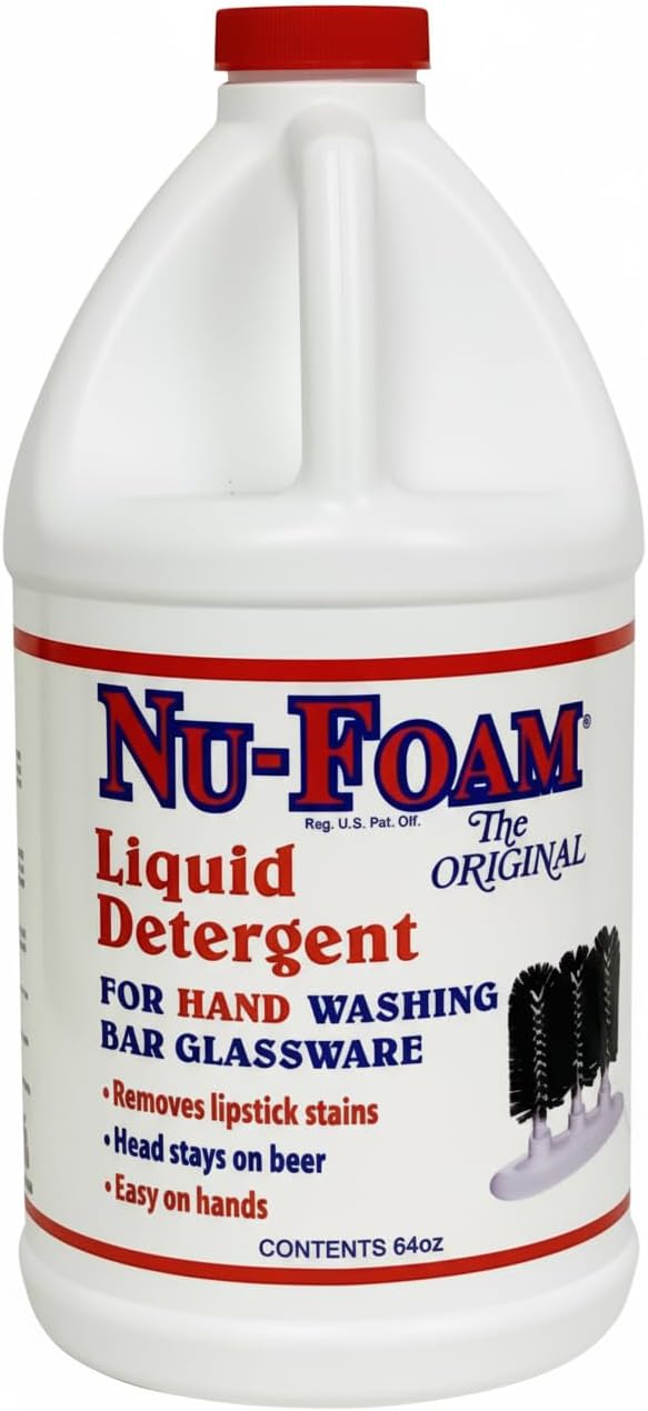 Nu-Foam Liquid Detergent for Bar Glassware – Original Streak-Free Solution - Hand Washing Bar, Tavern, Brewery Supplies - Spotless Serving Glasses - Concentrated Formula - Easy On Hands - 64oz Jug