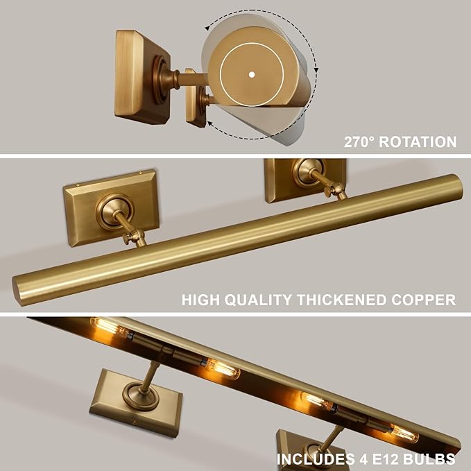 Picture Light, 30in Hardwired Picture Lights for Wall, Dimmable Wall Sconces Poster Light, Brass 4 Lighting for Paintings Frames Art Display Gallery Bedroom Living Room-Included Bulbs(Gold)