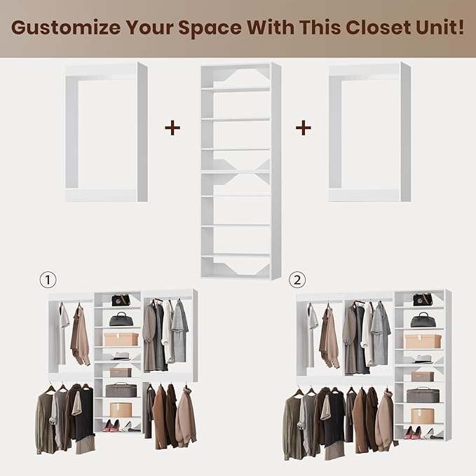 ROOMTEC Modular Closet System, 60" Wall-Mounted Closet Organizer with Hanging Rods and Shelves, Wooden Tower for Walk-In Closets, Wardrobe Storage Kit, White