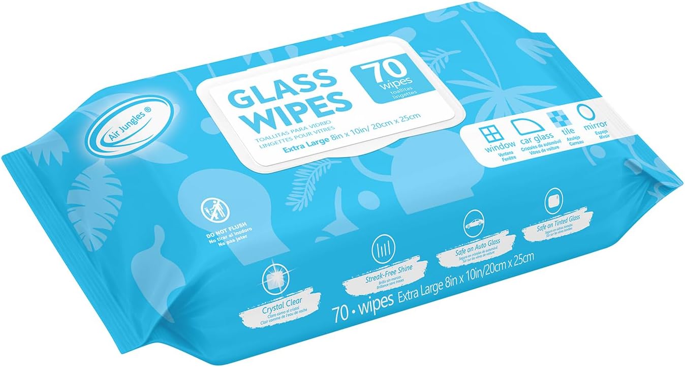 Air Jungles Glass and Window Cleaner Wipes 70 Count, Extra Large 8" x 10" Size Streak Free Cleaning Wipes for Car Windshield, Headlight, Mirror, Tile and Home Glass Surface