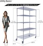 48"x24"x72" Chrome 5-Tier PREMIUM Wire Shelving NSF 4000 LBS MAX CAPACITY Heavy Duty Steel Storage Rack for Warehouses, Garages, Hospitals, Commercial Spaces, & Schools w/PREMIUM WHEELS