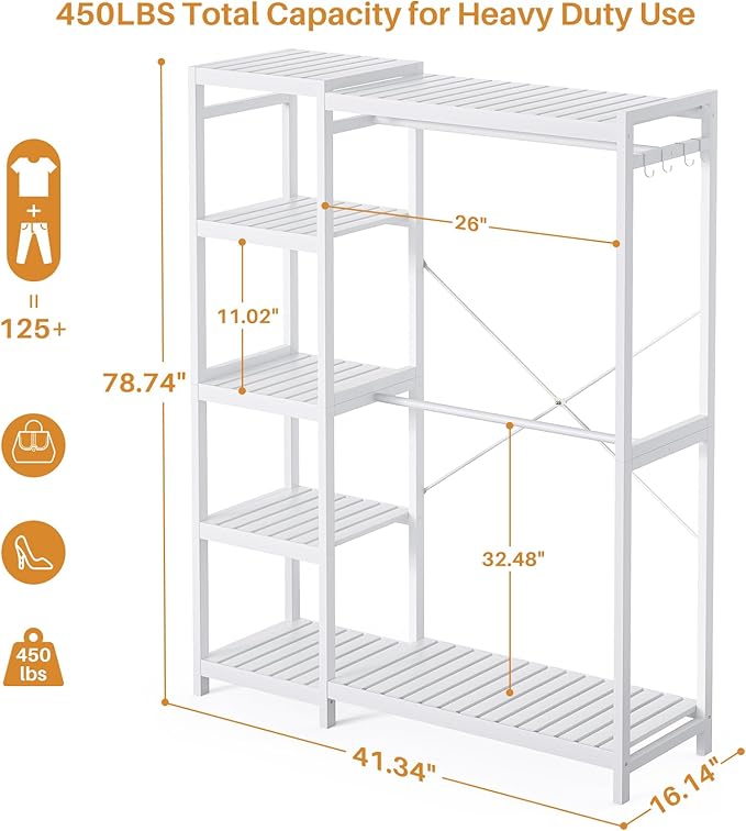 Homykic Bamboo Clothes Rack Garment Rack for Hanging Clothes, Heavy Duty Clothing Rack with 7 Tiers Adjustable Shelves, Double Rods, 4 Hooks, Freestanding Closet System Organizer Wardrobe, White