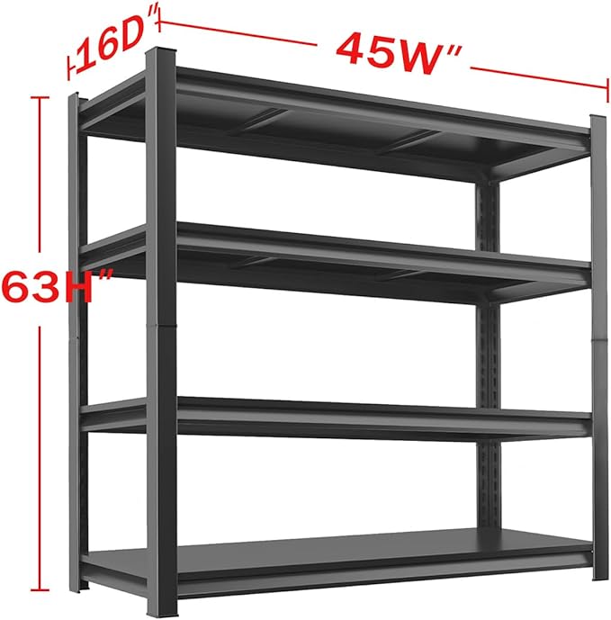 Metal Garage Storage Shelves Heavy Duty Shelving Unit 4 Tier Steel Adjustable Organizing Shelves 2500 LBS Capacity Industrial Shelving Ideal for Garage Tote Pantry Basement Outdoor, 63”Hx45”Wx16”D