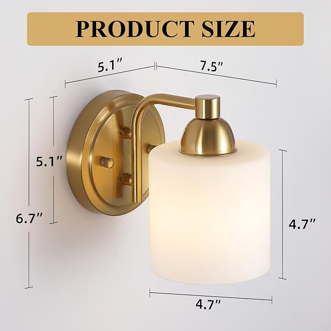 Gold Milk Glass Wall Sconces, 1 Pack Hardwired Indoor Wall Light Fixtures for Living Room, Hallway, Bedroom, Ceramic E26 Sockets (Bulbs Not Included)