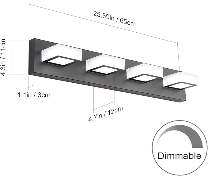 Ralbay Black Vanity Light Dimmable 4 Lights LED Modern Bathroom Vanity Lighting Fixtures Modern Stainless Steel Acrylic Rotable 360° Vanity Wall Light Over Mirror