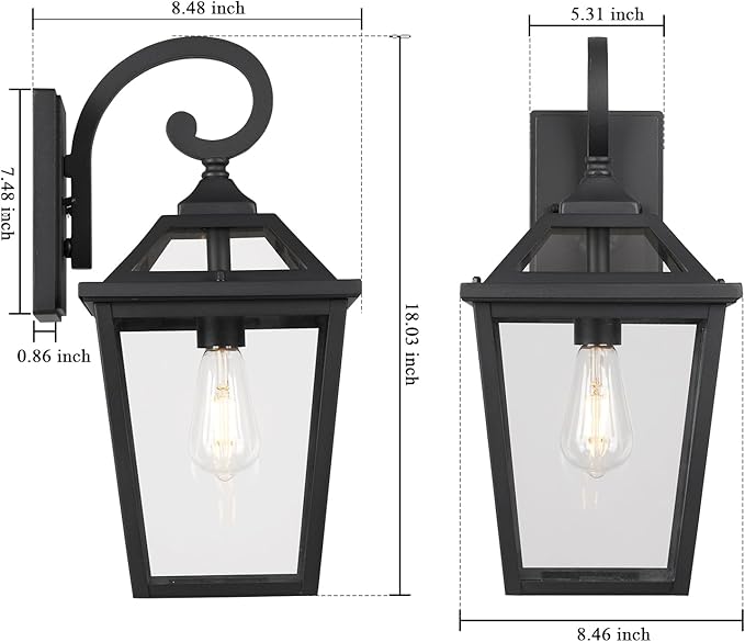 Outdoor Lanterns, Black Exterior Light Fixtures Mounted with Clear Glass, 18 Inch Tall Outdoor Wall Sconces Lamp for House, Doorway, Garage, Patio, 2 Pack