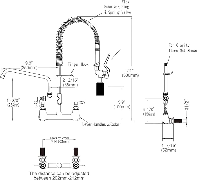 Commercial Sink Faucet with Sprayer Wall Mount, 21" Height 8 inch Center with Solid Brass & Polished Chrome, Add-on 8" Swing Spout for 1 or 2 Compartment Kitchen Sink