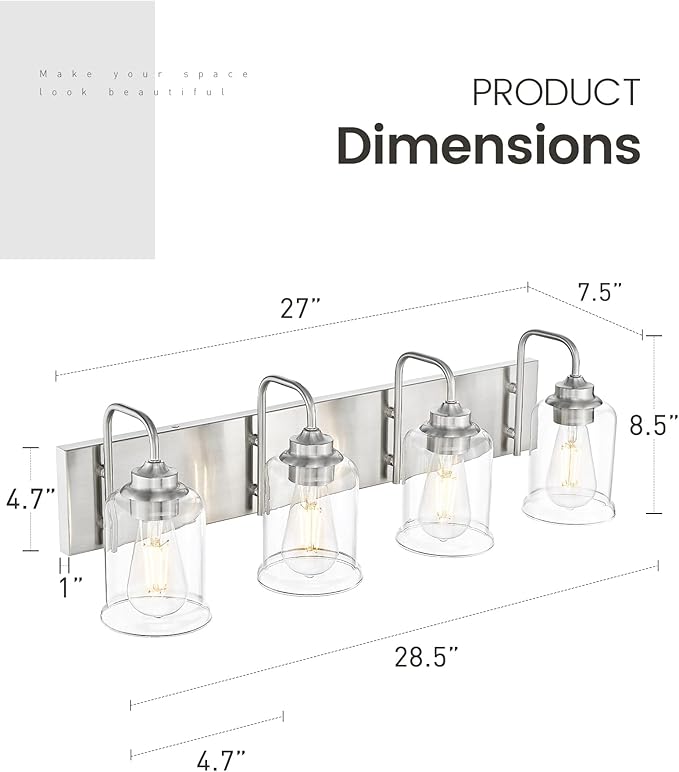 zeyu 28.5 Inch Bathroom Wall Light Over Mirror, 4-Light Vanity Lighting Fixture, Brushed Nickel Finish with Clear Glass Shade, ZSL72B-4W BN