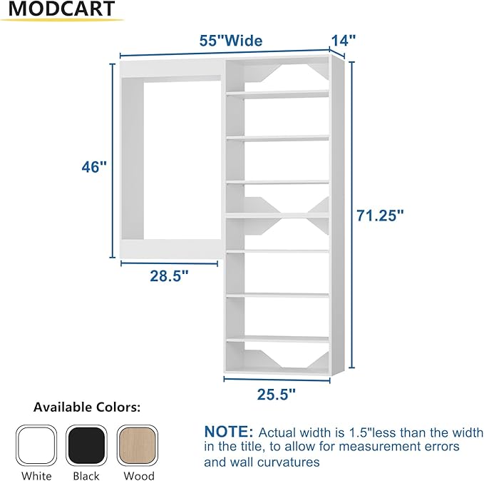 Modular Closet System, 55" Wide Closet Organizer System with Towers and Hanging, Wood Closet Tower Storage for Walk In Closets, Wall Mounted Wardrobe Organizer Kit System, Bedroom, White