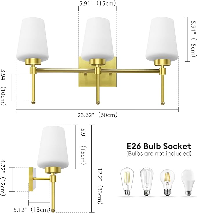 Bathroom Vanity Light Fixtures Brushed Brass Over Mirror with Milk Glass Shade Wall Sconce Lighting Lamp Bath 3-Lights (Exclude E26 Bulb)