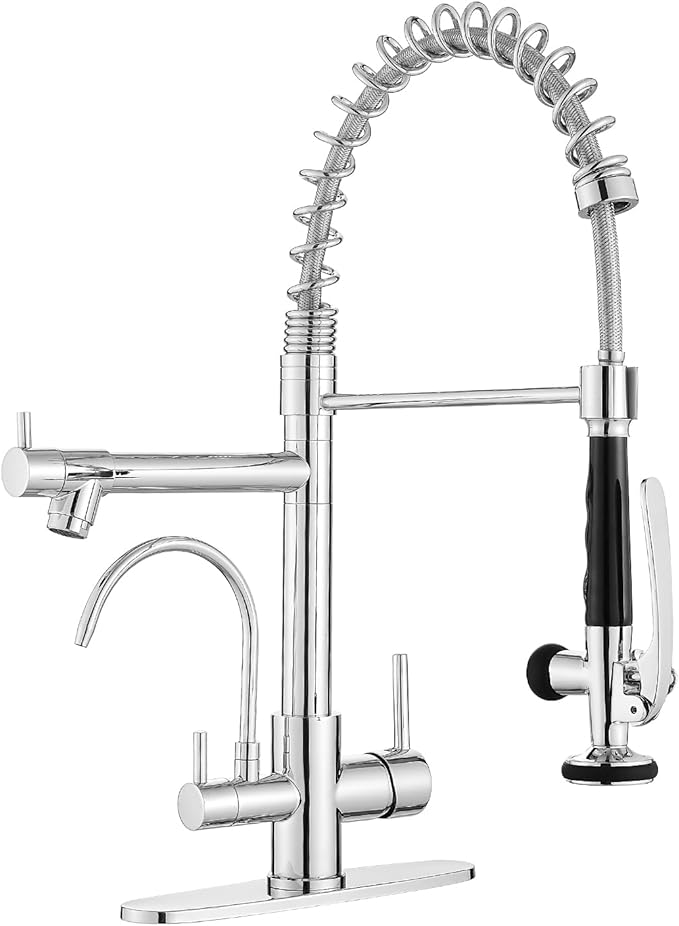 Fapully 3 in 1 Kitchen Faucet with Water Filler and Pull Down Sprayer, Chrome Commercial Kitchen Sink Faucet with Drinking Water Faucet for 1 or 3 Holes Sink