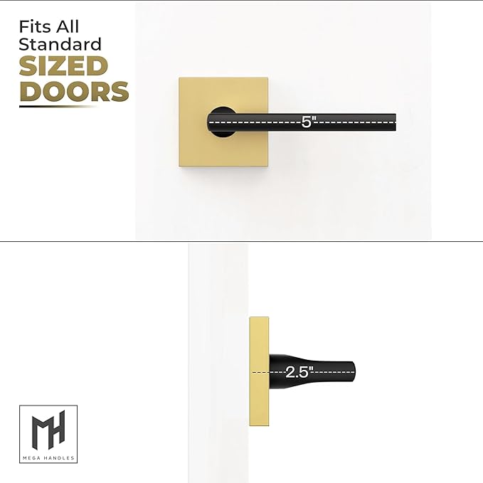 Mega Handles Prime Dummy Lever, Door Handle for Closet or French Doors, Single Side Door Levers, Fits All Standard Door Sizes, Covered Screws Included - Satin Brass/Matte Black (2 Pack) 5"