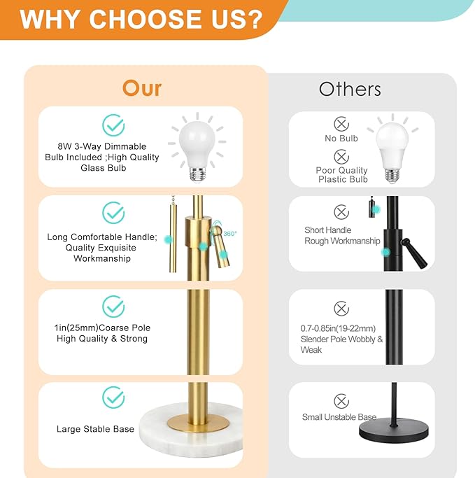 Modern Floor Lamp for Living Room, Adjustable Height Standing Lamp with Marble Base, Gold Tall Pole Light with Linen Shade for Reading Bedroom, Chain Switch, 8W 3-Way Dimmable Bulb Included