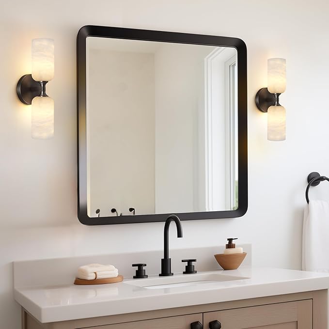 Alabaster Wall Sconce 14in Antique Brass Sconces Wall Lighting, Imported Alabaster Modern Marble Bathroom Vanity Sconces, Black Sconce Wall Decor, For Bedroom Living Room Staircases Hallway Foyer