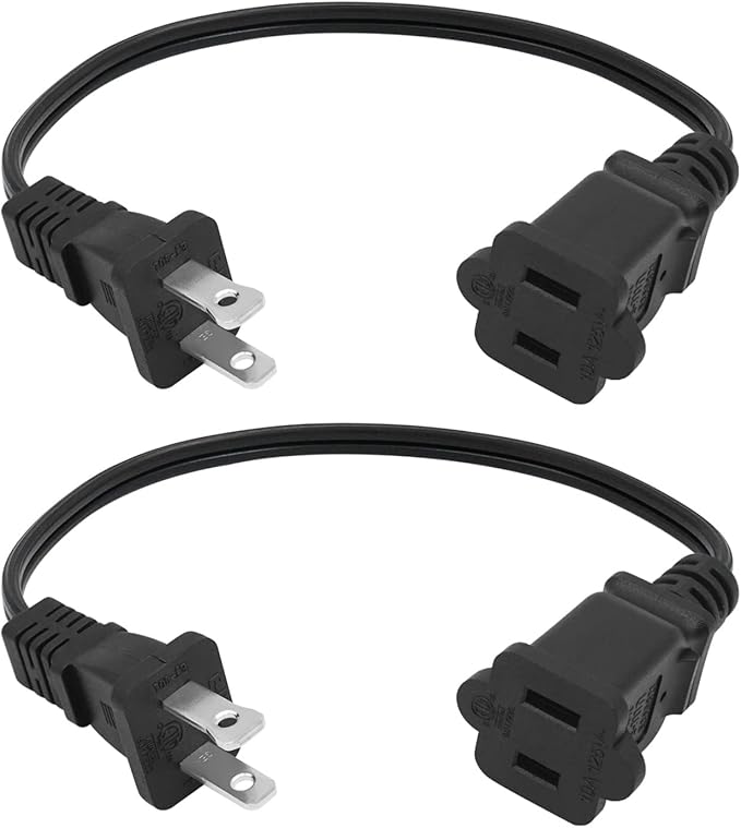 2 Prong Extension Cord 1FT,2Pack Short and Thin Cord Extension,Indoor Male/Female Power Cable, UL Listed Perfect for Home, Office or Christmas Lights,Black