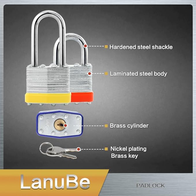 Lanube Lock 12-Pack Laminated Keyed Padlock Set 3 Colors, 2 Short 2 Long Shackles per Color,The Same Color and Shackles Combination. Open with The Same Key.6 Independent Combinations.