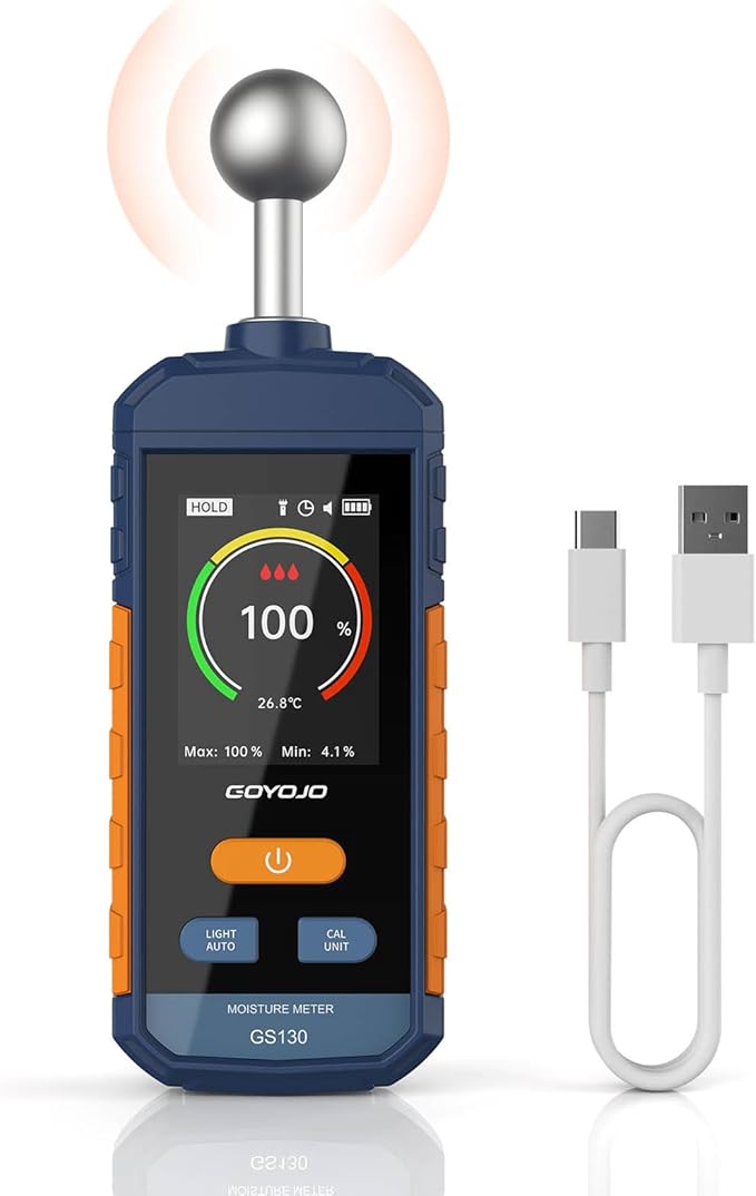 Pinless Wood Moisture Meter for Walls & Drywall | Digital Moisture Detector, Concrete Moisture Meter & Firewood Reader | GS130 USB-C Rechargeable Humidity Tester