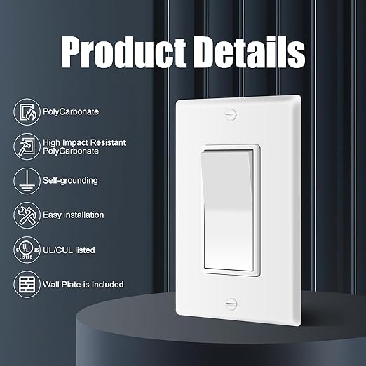 ThunderWay Single Pole Decorator Wall Light Switch with Wall Plate, 15A 120V/277V, On/Off Paddle Switch, Residential Grade - UL Listed, White (20)