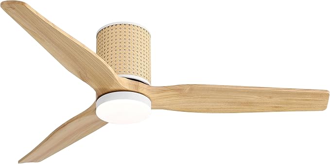 52" Ceiling Fan with Light - Low Profile Flush Mount Ceiling Fan, 6-Speed Remote Control, Solid Wood, Quiet Reversible DC Motor, Wood/White Finish, for Bedroom, Living Room, Porch