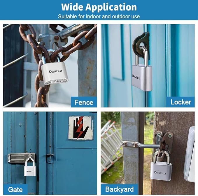 1 Pack disecu Heavy Duty 4 Digit Combination Lock, Anti-Error Feature, Outdoor WaterproofPadlock for School Gym Locker, Fence, Gate, Hasp Storage, Toolbox (Silver)