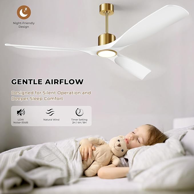 60" White and Gold Ceiling Fan with Lights,Smart Ceiling Fan Work with Alexa/Gg/App/Remote,3-Color Light Dimmable 6-Speed Quiet Reversible DC Motor for Patio Porch Bedroom