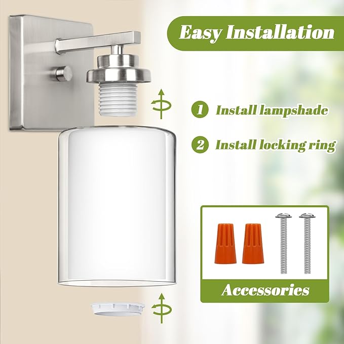 Set of 2 Wall Sconces for Bathroom, Modern Vanity Light Fixtures, Nickle Wall Mount Lighting Lanterns, Farmhouse Wall Lights with Double Clear Glass Shade for Bedroom Living Room Mirror Hallway