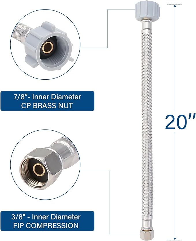 20 Inch Toilet Water Supply Line, Stainless Steel Braided Universal Flexible Toilet Hose Connector, 7/8" Ballcock x 3/8" Compression